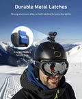 Person wearing helmet mounted with camera in snowy mountains, inset showing anti-slip texture of durable metal latches.