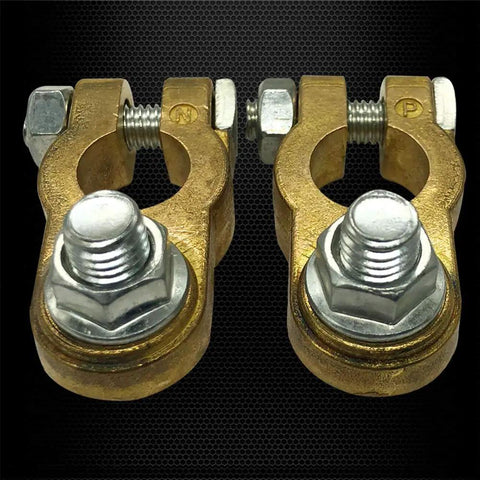 Beefy Brass Top Post Battery Terminal Connectors Set For Positive And Negative, Marine Car Boat RV Ready, Direct Fit Cable Ends