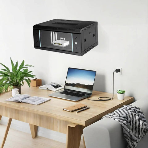 Wall Mount 4U Server Cabinet, Heavy Duty Steel Network Rack With Tempered Glass Door And Key Lock, mounted in a home office.