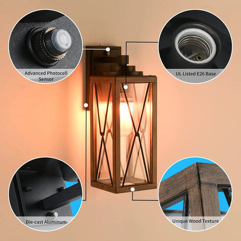 Outdoor Wall Lantern With Dusk To Dawn Sensor, 16-inch die-cast aluminum sconce with UL listed E26 base, unique wood texture.
