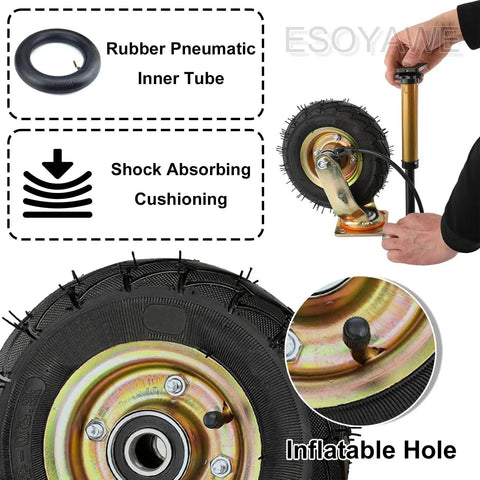 Heavy Duty Pneumatic Rubber Wheel Caster Four Pack Swivel Roller With Hand Brake Shock Absorbing Silent Roll Built Tough For Crushing Hefty Loads Floor Friendly Tire Goes Like A Dream