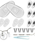 Anti Slip Silicone Nose Pads For Glasses 6 Pairs Screw In Kit with screws, mini screwdriver, and thick air-chamber cushions.