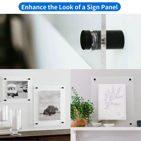 Top Tier Eight Pack Standoff Mounts Three Quarter By One Inch Brushed Stainless Steel Wall Brackets holding sign panels and pictures.