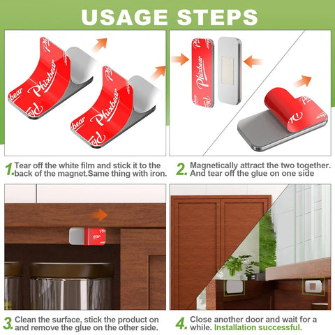 Usage steps for Ultra Thin No Drill Magnetic Cabinet Door Catch Set, 15 Pairs, Strong Adhesive Magnets Closers, Stainless Steel Rustproof Latches