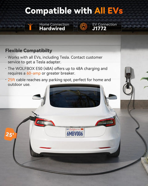 White car connected to Level 2 EV Charger 48 Amp With Smart Display And WiFi 25 Foot Cable Indoor Outdoor Hardwired 240V