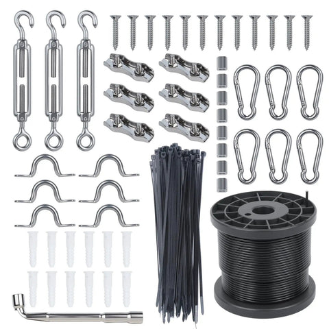 170Ft String Light Hanging Kit With Heavy Duty 304 Stainless Steel Cable And Vinyl Coated Wire Rope, Turnbuckles, Hooks, Clamps