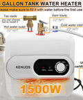 4 Gallon 1500W Tank Water Heater with fittings, LED control, and safety warnings.