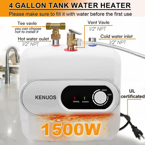 4 Gallon 1500W Tank Water Heater with fittings, LED control, and safety warnings.