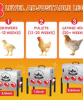 Infographic showing 3 levels of adjustable legs for Heavy Duty Automatic Chicken Feeder With Clear Window And Eight Wide Ports For Zero Mess Coop Care Built Tough As Nails From Rust Proof Steel With Leveling Feet And Locking Lid Keeps Your Flock Fed Without A Sweat.