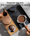 Level Up Your Daily Grind With This Hella Durable Wooden Espresso Tamping Station And Quick Dump Knock Box showing 58mm detachable parts.