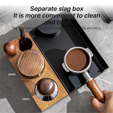 Level Up Your Daily Grind With This Hella Durable Wooden Espresso Tamping Station And Quick Dump Knock Box showing 58mm detachable parts.