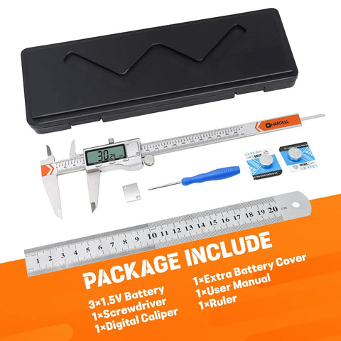 8 Inch Digital Caliper All Metal Frame With Large LCD Readout Inch Metric Fraction, Dual Batteries Included And Spare Battery Cover