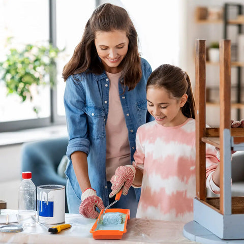 Woman and child using 2 Inch Small Fine Finish Paint Roller Kit With Tray For Tight Corners And Trim, painting furniture