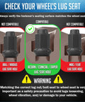 Check your wheel's lug seat with 16 Pcs Beefy Bulge Acorn Lug Nuts M10x1.25 Threads 1.26 Inch Long 14mm Hex guide and warning
