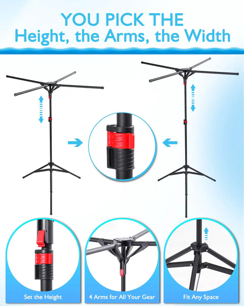 Outdoor Pool Towel Rack With Four Adjustable Arms Freestanding 51 To 71 Inches Height Foldable Drying Rack for towels in poolside