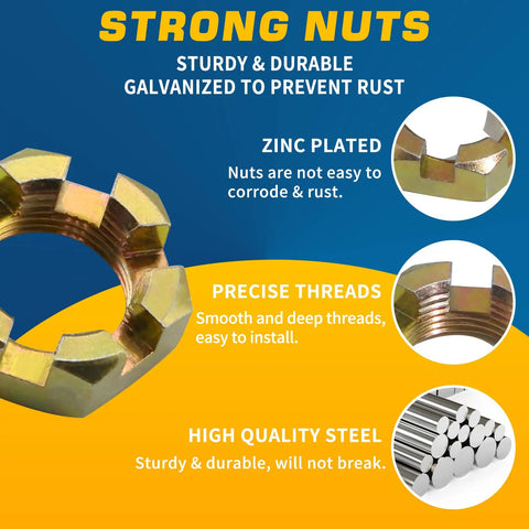 Trailer Axle Nut Kit For 1 Inch Shafts, strong zinc plated spindle castle nuts with precise threads, high quality steel