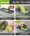 Ourokhome Mandoline Slicer with gray body and clear catch tray; 6 blades; four-panel how-to collage