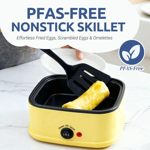 Cooking an omelette in a PFAS-free skillet with 8 In 1 Electric Egg Cooker Rapid Egg Boiler For Hard Soft Poached Eggs Egg Bite Maker Auto Shut Off 8 Egg Capacity Quick Breakfast Maker For Meal Prep Busy Mornings In Apartment Or Office Dishwasher Safe