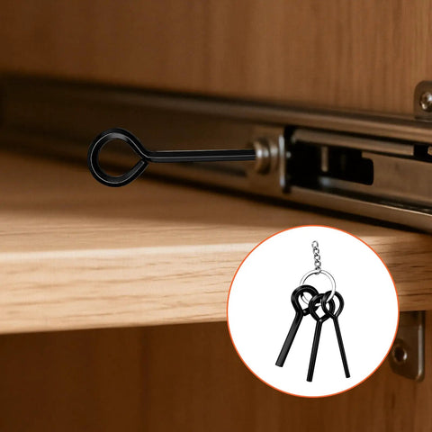 8 Piece Allen Wrench Keychain Set with black metal hex keys in use on a door handle, compact design with key rings visible.