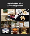 Engraved items compatible with Falcon Flexible Fixture for Laser Engraving, including rings, mugs, spoons, and keychains.