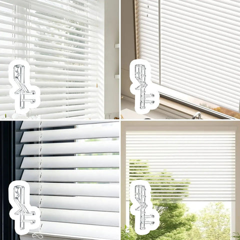 Heavy Duty Valance Clips For Window Blinds 22 Piece Set Featuring Hidden Channel Cover Hardware shown on white blinds.