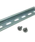 Close-up of slotted steel zinc plated DIN rail and two stainless steel truss head screws from 30 Amp 3 Pole Contactor Bundle With 110 To 120V Coil, Handles Motor Load 32A And Lighting 40A, Includes Slotted Steel Zinc Plated DIN Rail And Two Stainless Steel Truss Head Screws, Ready To Drop In For Industrial Control Panel Power.