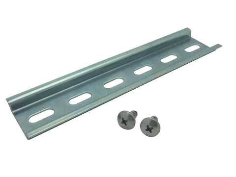 Close-up of slotted steel zinc plated DIN rail and two stainless steel truss head screws from 30 Amp 3 Pole Contactor Bundle With 110 To 120V Coil, Handles Motor Load 32A And Lighting 40A, Includes Slotted Steel Zinc Plated DIN Rail And Two Stainless Steel Truss Head Screws, Ready To Drop In For Industrial Control Panel Power.