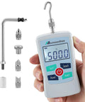 Go To Portable 500N Digital Force Gauge Push Pull Tester With Case, Four Measurement Units N Lb Kg Oz, Max Load 500N 50kg 110lb 1800oz, Accuracy About One Percent, Battery Powered With Two AAA, Three Measurement Modes handheld force gauge with hooks and tips
