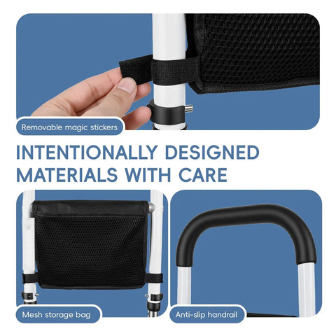 Stand Assist Aid For Elderly With Adjustable Height, showing removable magic stickers and anti-slip handrail detail.