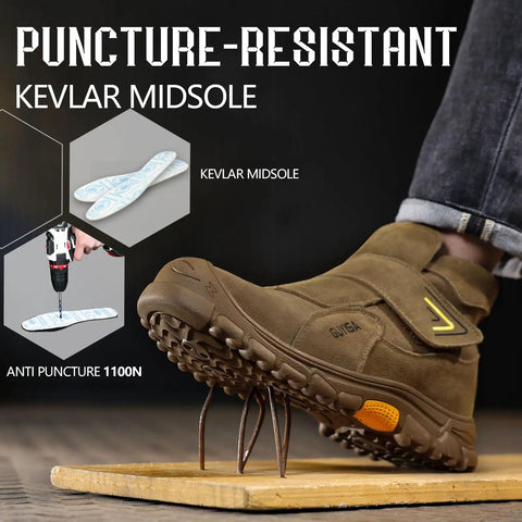 Welding Work Boots For Men With Steel Toe Slip On Safety Boots For Welders And Construction Rugged High Top Boots With All Day Comfort Heavy Duty Work Shoes For Tough Jobs, showing puncture-resistant Kevlar midsole and anti-puncture sole on nails.