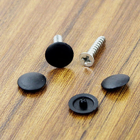 Multi-Function Hinged Screw Cover Caps Set For Self-Tapping Screws, Decorative Black Caps on wooden surface, 100 Piece Pack