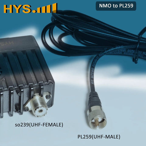 Rugged Vehicle Trunk Lid Hole Mount Antenna Bracket With Three Eighths Inch To Three Quarters Inch Hole Size Thirteen Foot RG58 Coax Cable NMO To PL259 Connector Drill To Mount Design For Amateur Radio Heavy Duty Mobile Setup showing NMO to PL259 connection.