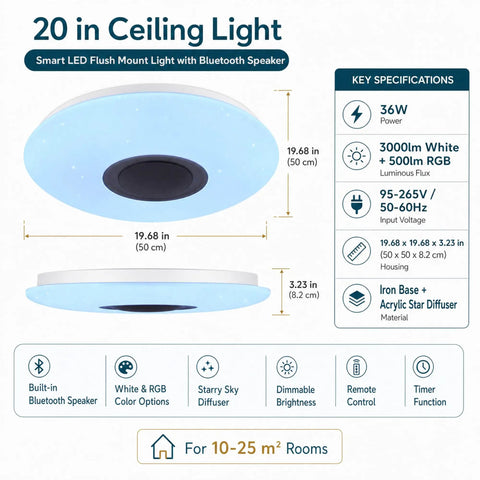 Smart Ceiling Light With Bluetooth Speaker 19.7 Inch 36W Dimmable 95 To 265V Energy Saving Modern Home Party Lighting Control Brightness And Music Via Phone App And Remote