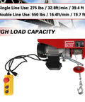Badass No Sweat 110V Electric Hoist And Winch With 550 Lbs Lift Capacity Overhead Garage Ceiling Crane showing remote control and steel rope.