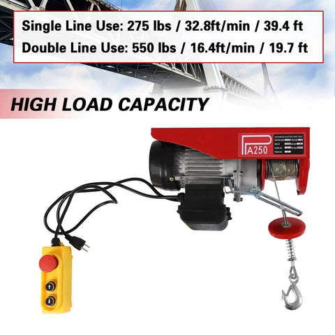 Badass No Sweat 110V Electric Hoist And Winch With 550 Lbs Lift Capacity Overhead Garage Ceiling Crane showing remote control and steel rope.