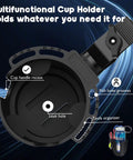 Universal Cup Holder Clamp That Fits 0.6 To 1.5 Inch Tubes shown with cup handle recess, leak hole, and accessories slots.