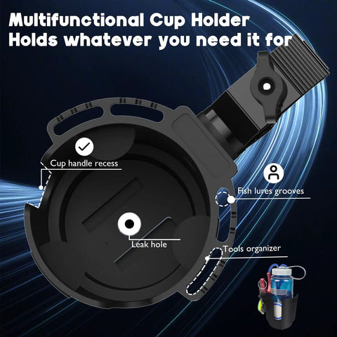 Universal Cup Holder Clamp That Fits 0.6 To 1.5 Inch Tubes shown with cup handle recess, leak hole, and accessories slots.