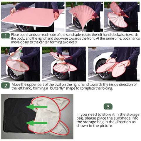 EYPINS Model Y sunshade roof cover for Tesla Model Y; pink folding instructional collage showing step-by-step assembly