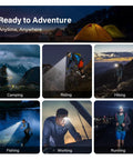Collage showing Rechargeable LED Headlamp With Motion Sensor Waterproof All Weather Outdoor Headlight 4 Pack in various outdoor activities.