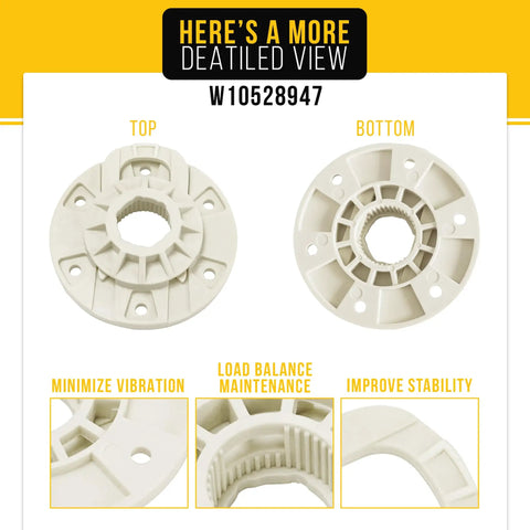 Detailed view of Washer Drive Hub Kit Replacement W10528947 W10396887 for Whirlpool, showcasing top and bottom views.