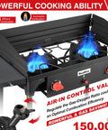 Two Burner Camping Stove With Windscreen And Side Shelves Bag Auto Ignition Regulator 150000 BTU High Pressure Propane Burner