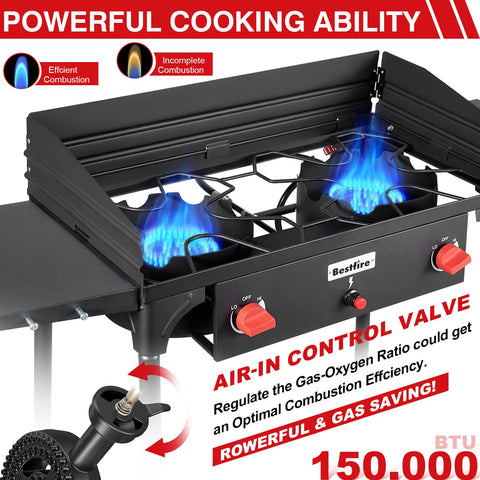 Two Burner Camping Stove With Windscreen And Side Shelves Bag Auto Ignition Regulator 150000 BTU High Pressure Propane Burner
