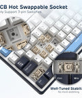 Wired Full Size Mechanical Gaming Keyboard with 104 Keys and Premium Metal Volume Knob Featuring Five Layer Sound Dampening for Hella Smooth Taps and Fire Rapid Response Time showing hot-swappable socket and stabilizer details.