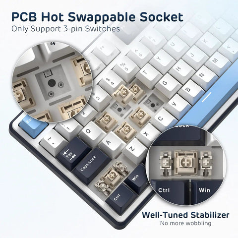 Wired Full Size Mechanical Gaming Keyboard with 104 Keys and Premium Metal Volume Knob Featuring Five Layer Sound Dampening for Hella Smooth Taps and Fire Rapid Response Time showing hot-swappable socket and stabilizer details.