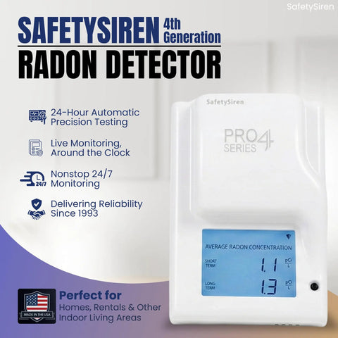 Plug In Radon Detector For Home And Office With Round The Clock Audible Siren And Visual Alarms, Continuous Monitoring, USA Made