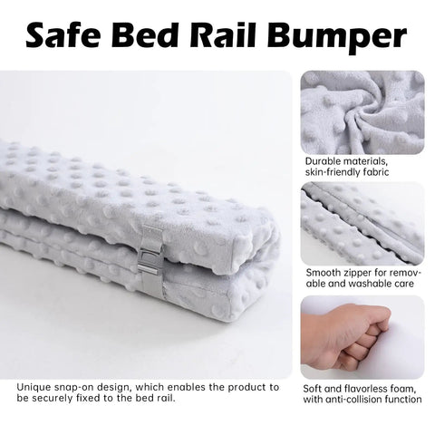 Folded gray Toddlers Bed Rail Protector Easy Install Safe Guardrail Padding Cushioned Barrier with secure buckle and soft fabric
