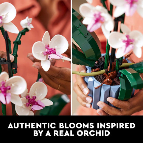 Orchid Building Kit For Adults 18 Plus Dope Artificial Orchid Flower Display Buildable Fake Plant For Home Kitchen Desk Or Office Decor Customizable Bloom And Foliage Ideal Birthday Gift 10311, hands assembling white and pink LEGO-style orchid in blue pot