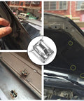Boss Level 15 Piece U Shaped Steel Dash Console Trim Retainer Clips shown in hand and on vehicle parts for Chevy Buick GMC Cadillac.