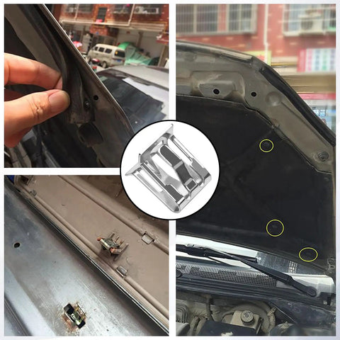 Boss Level 15 Piece U Shaped Steel Dash Console Trim Retainer Clips shown in hand and on vehicle parts for Chevy Buick GMC Cadillac.