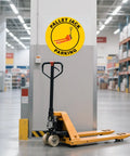 5 Pack Pallet Jack Parking Signs Self Adhesive Vinyl Floor Signs 24 By 24 Inches displayed in a warehouse with pallet jack